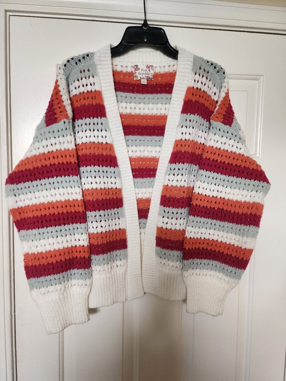 Pink Republic Cream Multi-Stripe Crochet Open Cardigan
